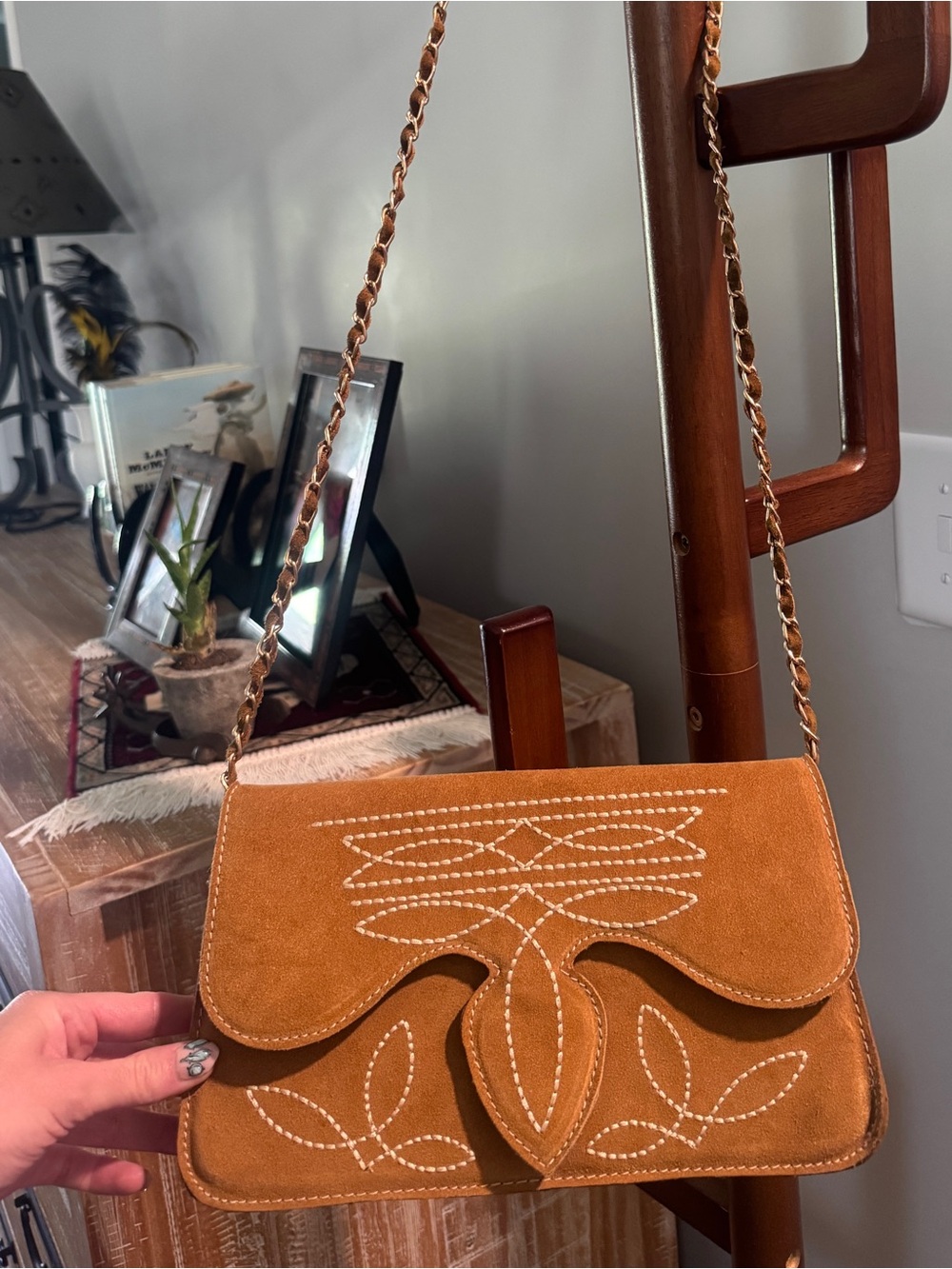 American Darling Tan Suede Shoulder Bag with White Boot Stitching